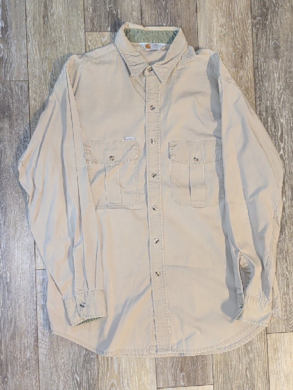 Vintage Carhartt Men's Work Shirts Pair - Tan & Olive Green - Picture 2 of 11